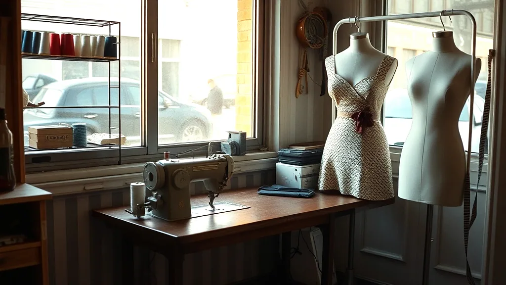 The workroom of an alterations shop, a sewing machine on a wooden table by a storefront window, spools of thread on a wall rack and a dress form beside the table