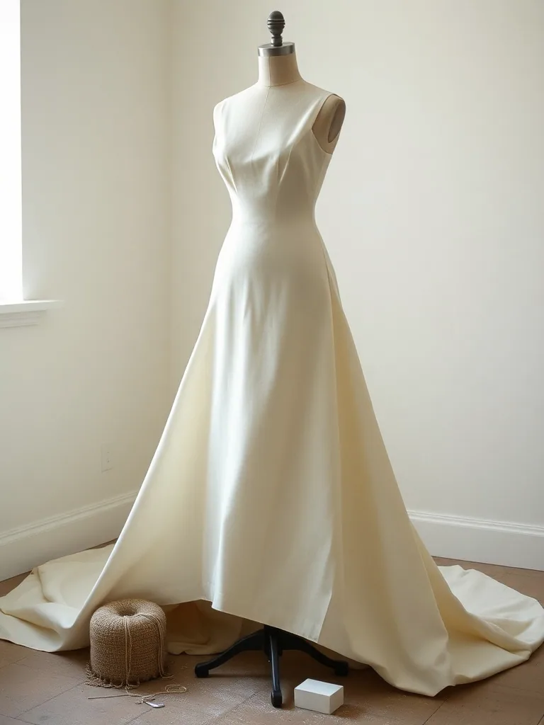An ivory gown on a dressmakers form with the hem pinned and marked, a pin cushion on the floor beside the base