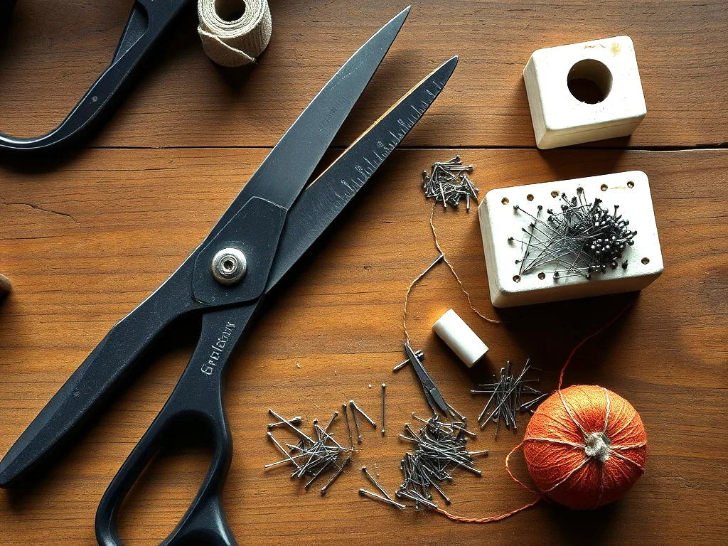 Shears, a pin cushion, loose pins and thread laid out on a scratched wooden worktable