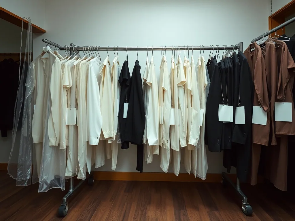 A rolling rack of finished garments in clear bags along a shop wall, blank paper tags pinned to them